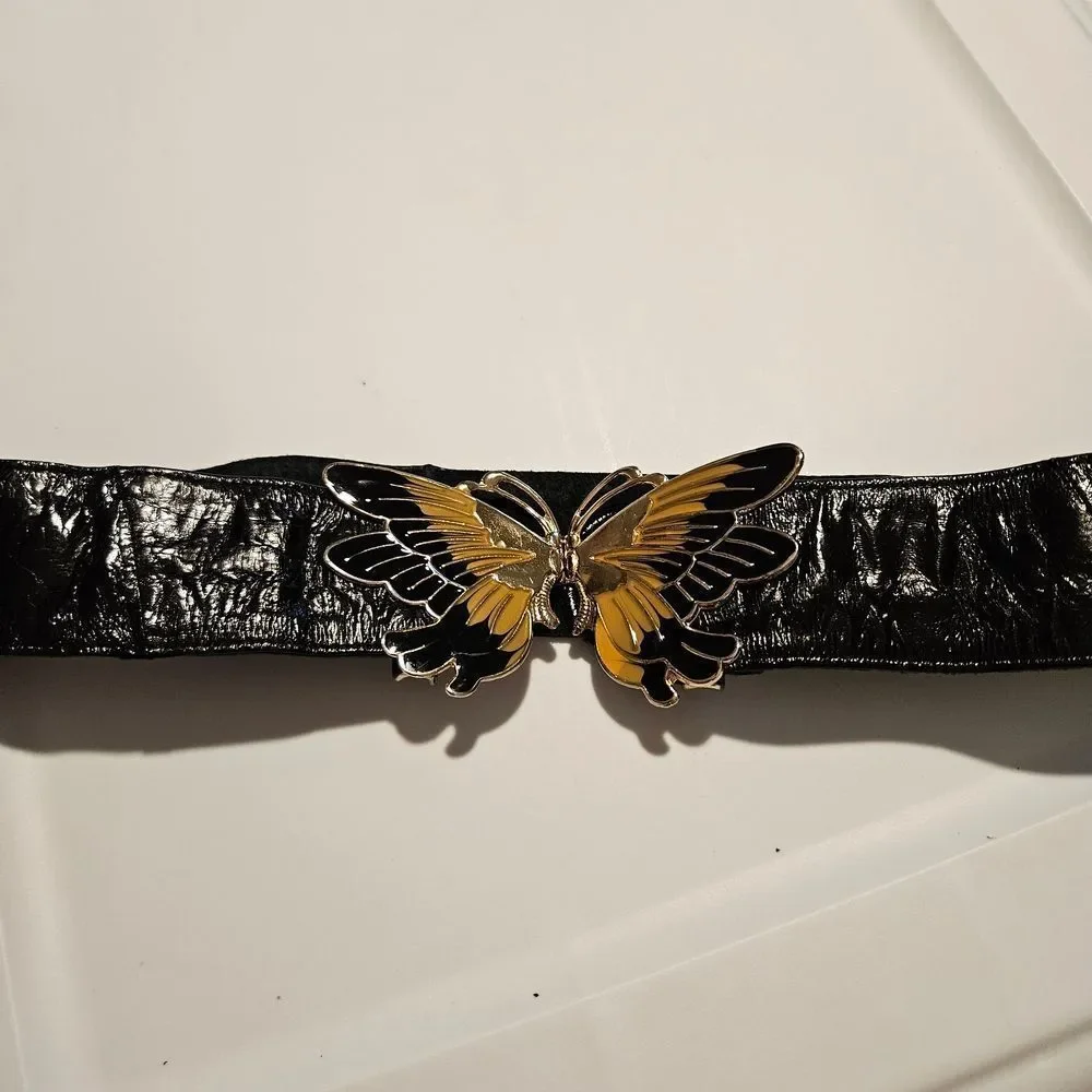 Vintage Chic Black and Gold Butterfly EEL SKIN Belt waist 32